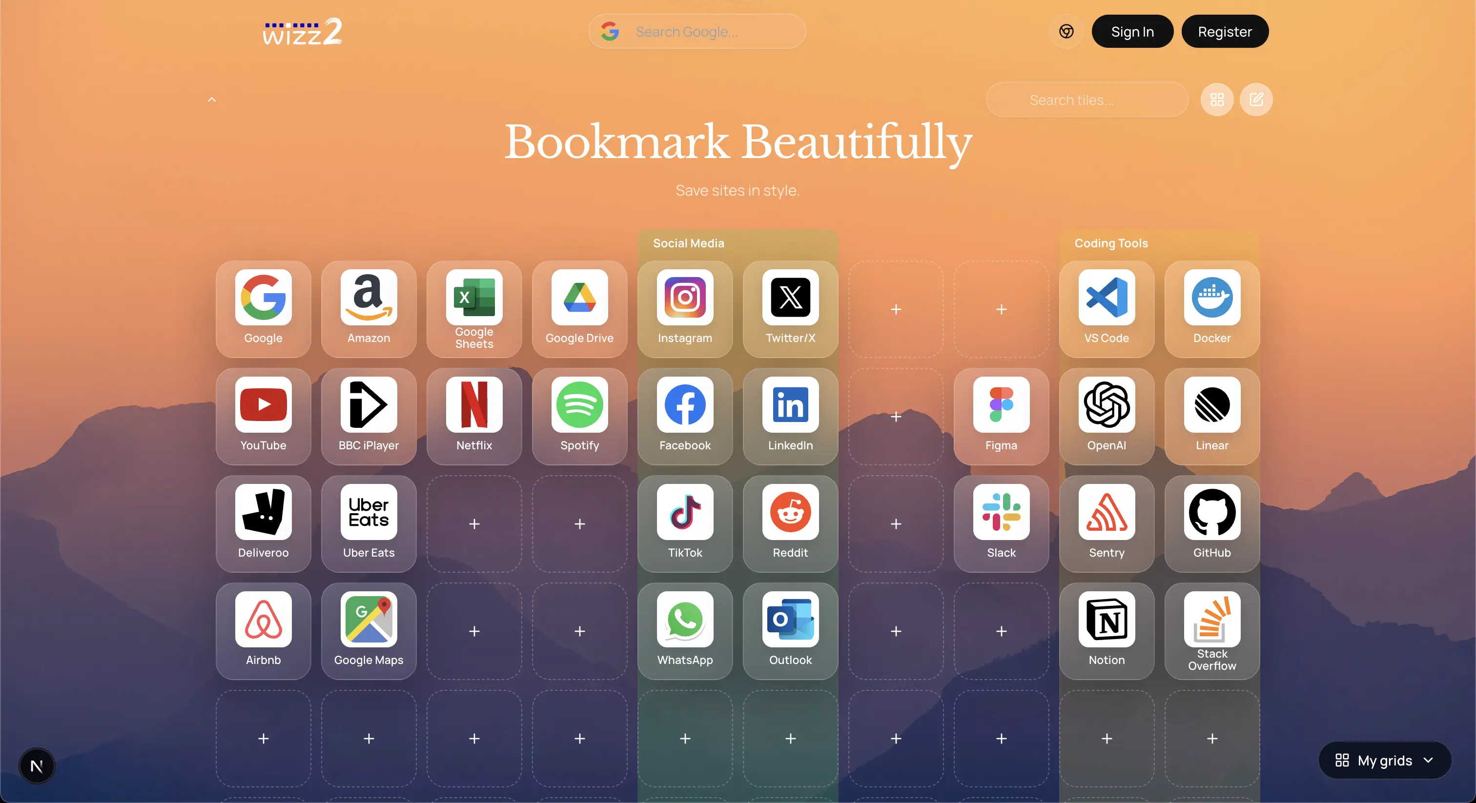 A myGridz visual grid of saved links